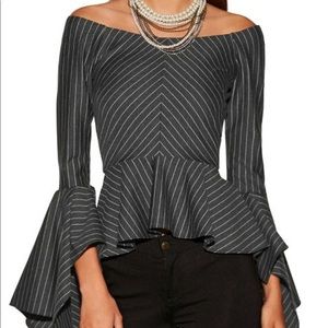 Pinstripe off-the-shoulder flare sleeve top